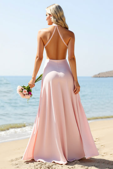 Halter A Line Long Candy Pink Bridesmaid Dress